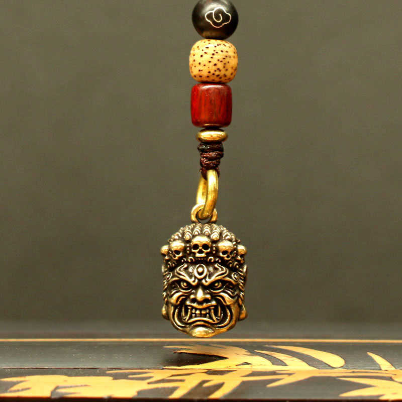纯黄铜不动明王把件佛头属鸡吊坠汽车钥匙扣男挂件不动尊菩萨文玩