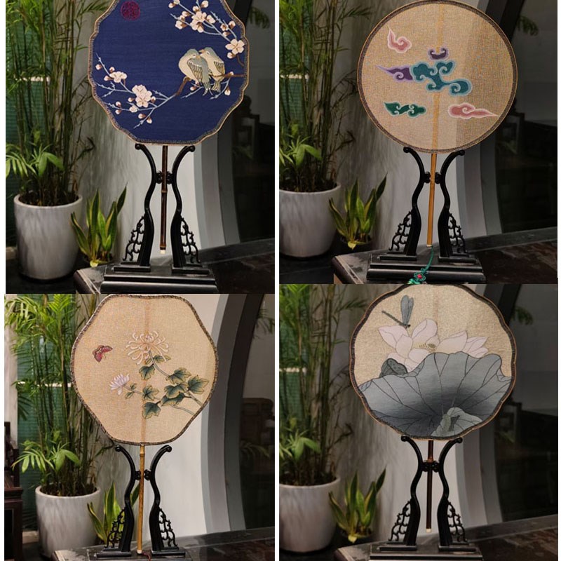 扇架苏绣刺绣团扇底座宫扇紫光檀黑檀木紫檀木中式扇座架摆件