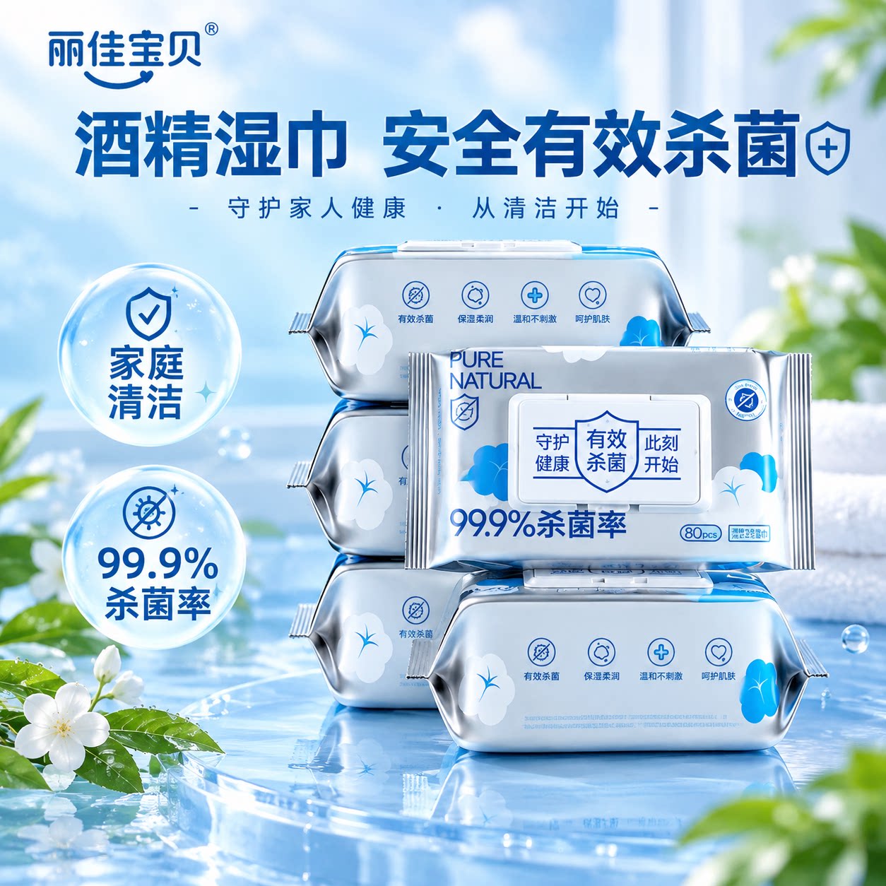 丽佳宝贝酒精湿巾家用杀菌卫生办公清洁新款湿纸巾80抽大包装