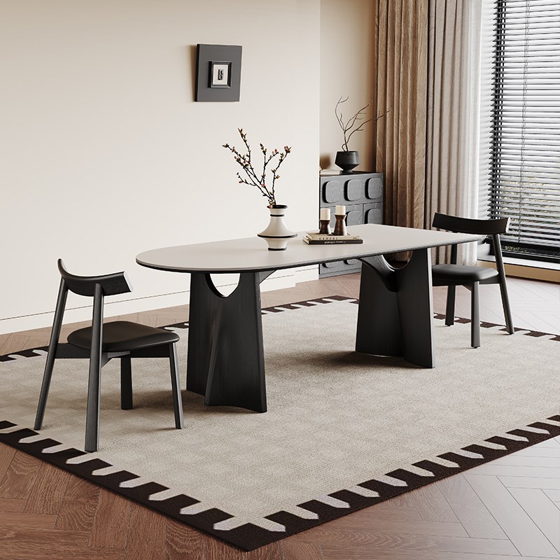 半圆实木餐桌法式复古风黑色小户型全托靠墙岛台哑光纯白岩板餐桌