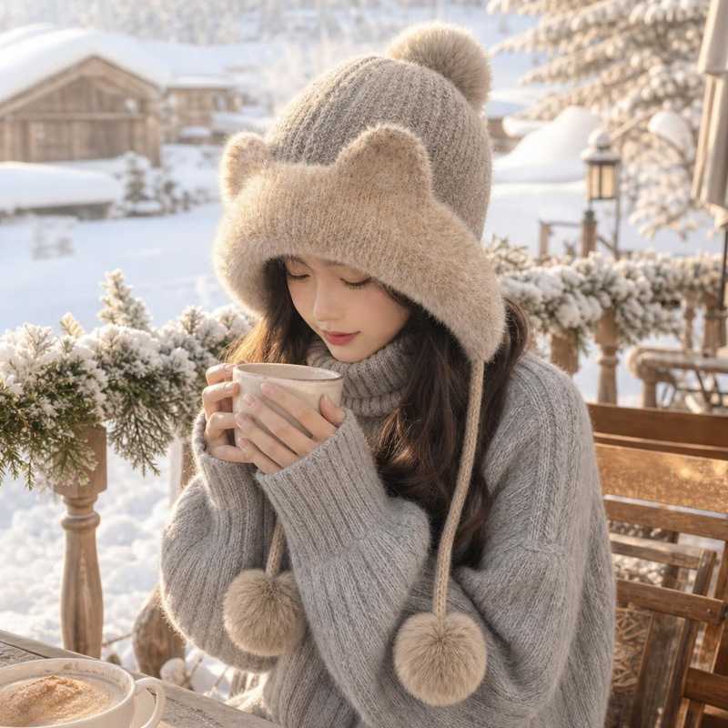 秋冬天保暖帽子女款可爱猫耳朵