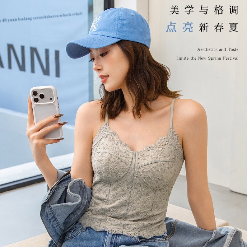 纯欲风蕾丝吊带带胸垫背心女夏季