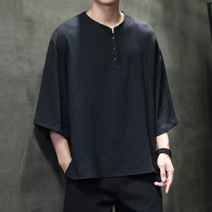 夏季男士七分袖T恤加大码宽松立领打底衫中式禅茶服薄款改良汉服