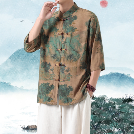 中国风男装夏季男士薄款短袖衬衫加大码宽松印花衬衣中式唐装外套