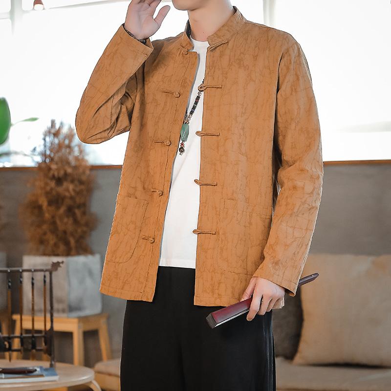 秋季唐装男青年民族风棉麻衬衫中国风盘扣外套中式茶服亚麻中山装