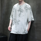 棉麻短袖 唐装 T恤夏季 大码 中国风男式 中式 薄款 复套头衫 禅茶服汉服
