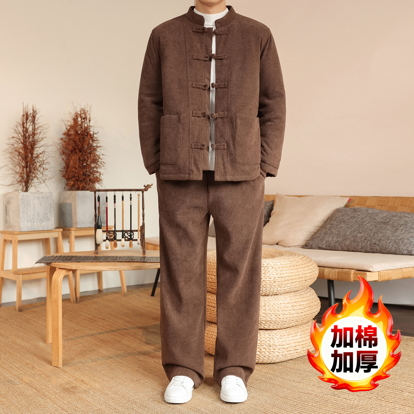 秋冬季新中式男士灯芯绒盘扣唐装套装加棉加厚中国风两件套棉袄潮,男装,唐装,淘宝优惠券,粉丝福利购,淘宝优惠卷