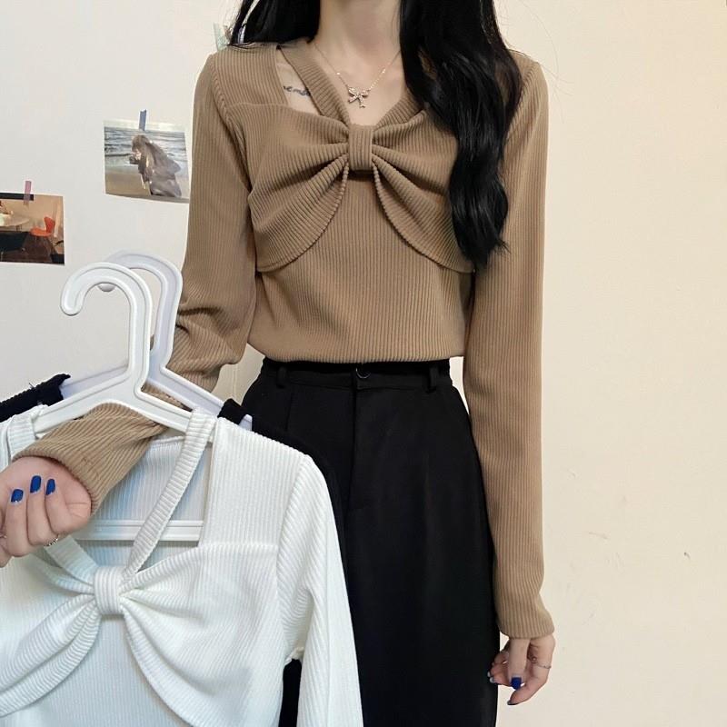 别致甜辣针织上衣女2025早秋内搭打底长袖t恤设计感减龄洋气小衫