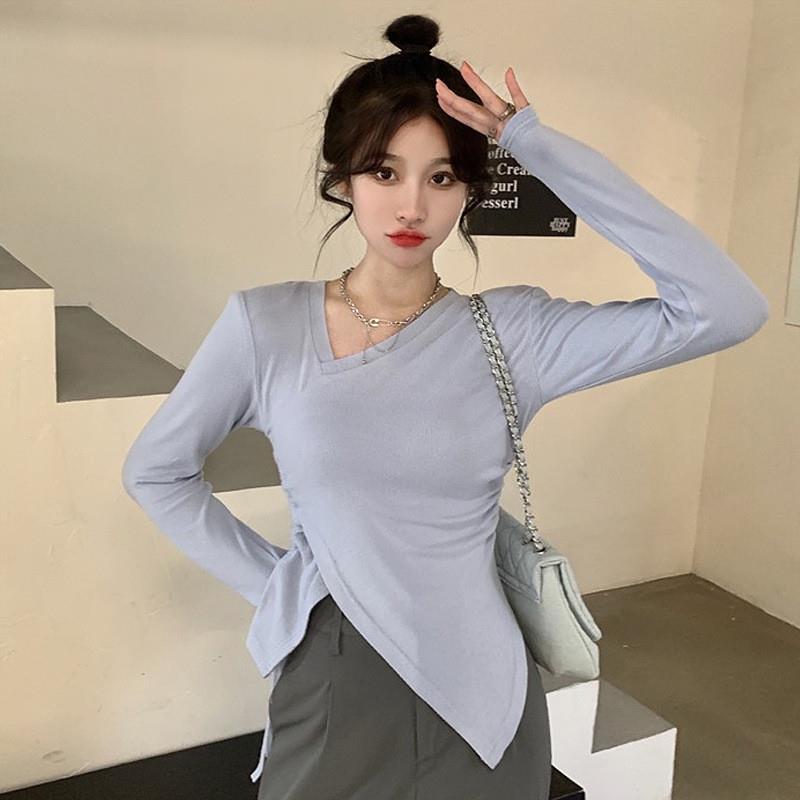 2025纯欲辣妹不规则长袖T恤女设计感小众修身打底衫内搭别致上衣