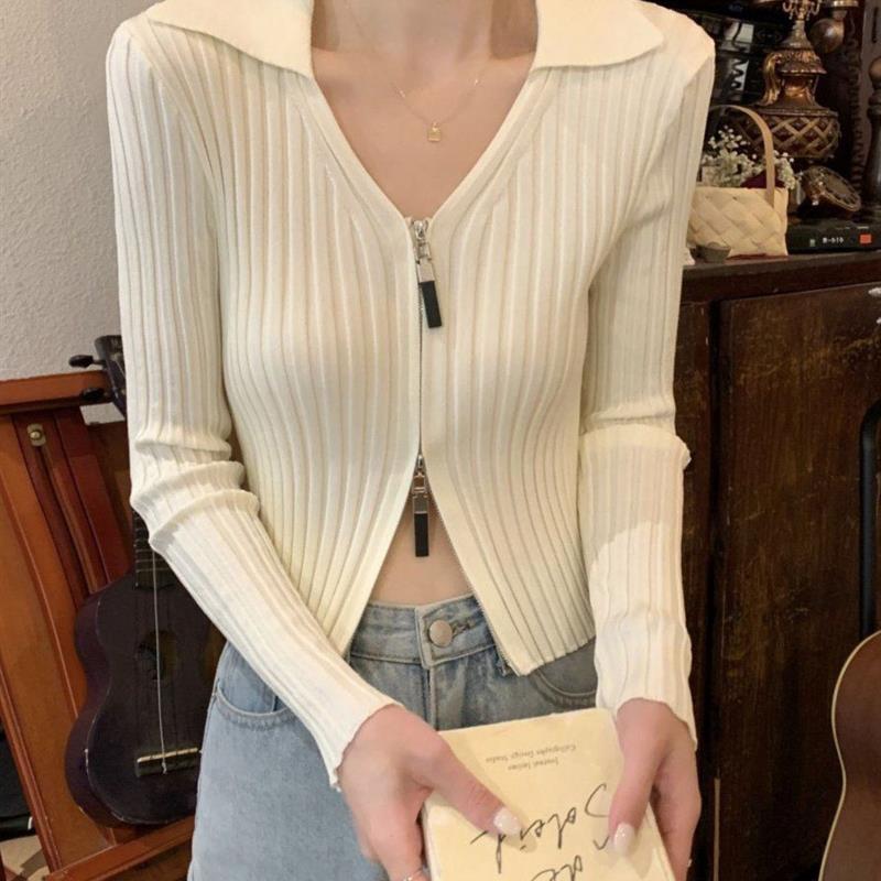 包芯纱秋新款修身短款长袖针织打底衫学生上衣设计感内搭v领毛衣