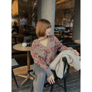 ASBR 原C！羊驼毛混纺复古优雅新中式花卉提花V领针织衫26春新款