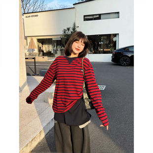 ASBR 原C料！甜酷出击~时髦复古miu系慵懒休闲条纹长袖T恤26春款