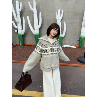 新提花款 ASBR 女25冬季 绵羊毛混纺费尔岛翻领针织开衫 毛衣 原C纱