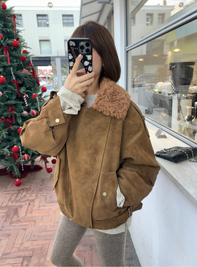 ASBR 原C料！轻奢绵羊毛毛领加绒保暖环保仿麂皮外套女25冬季新款
