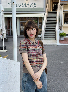 ASBR 原C纱~POLO领羊毛短袖针织开衫25秋新款复古费尔岛提花毛衣