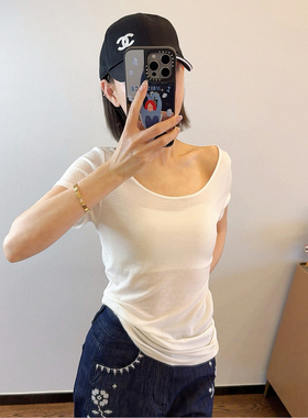 ASBR【人手N件“空调T”】清凉微透天丝羊毛~大U领针织百搭短袖T