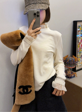 ASBR 原C~福利！法式木耳边拼接拉绒磨毛加厚打底长袖T恤25冬新款