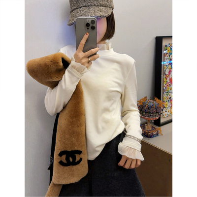 木耳边拉绒磨毛加厚打底长袖T恤