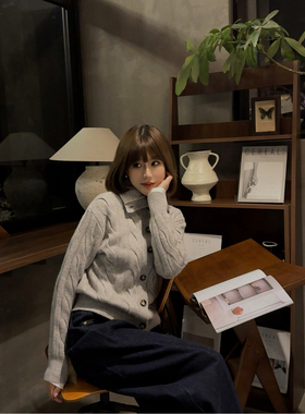 ASBR 原C纱！16支2股100%羊毛柔软细腻翻领绞花针织开衫26春新款