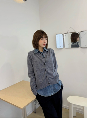 ASBR 原C料！绵羊毛山羊绒假两件针织开衫25冬新款格雷系牛仔拼接