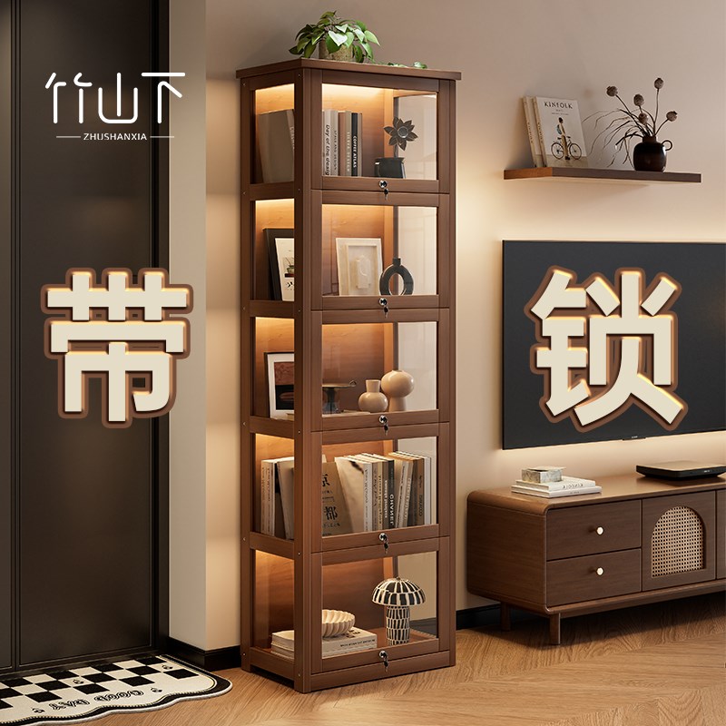 手办展示柜实木书柜窄立柜带锁透明玻璃陈列柜痛柜模型玩具收纳柜