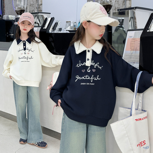 儿童洋气polo领上衣中大童春秋学生打底衫 女童早秋卫衣2025新款 潮