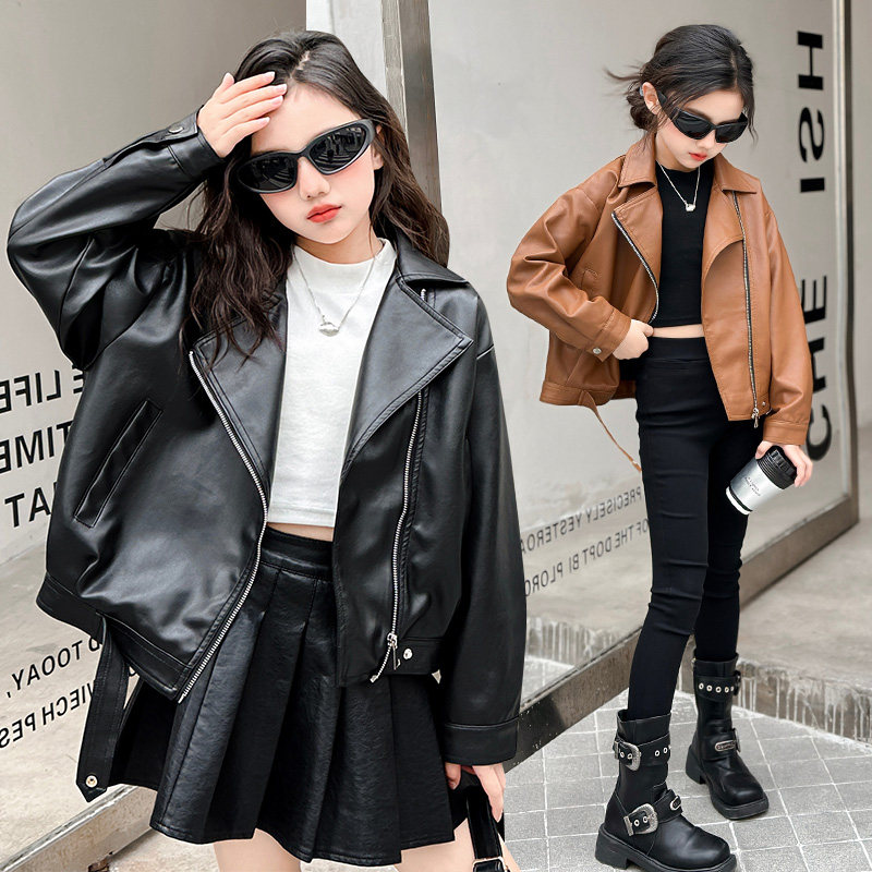 女童皮衣夹克春秋装新款中大童女孩美拉德外套儿童洋气机车皮夹克