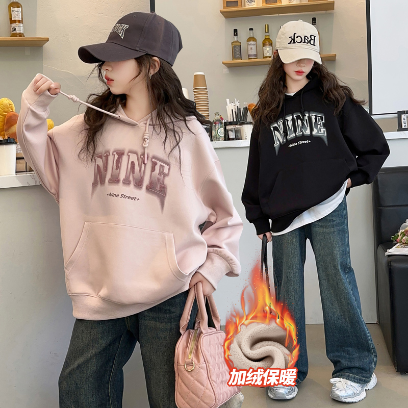 女童加绒卫衣秋冬2025新款儿童洋气加厚上衣大童女孩连帽打底衫冬