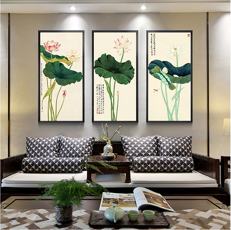 新中式客厅装饰画餐厅玄关挂画荷花字国画沙发背景墙饭店酒店壁画图片