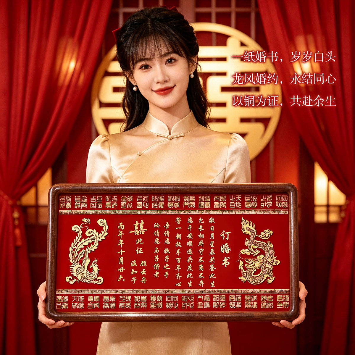 新中式龙凤铜雕订婚书婚书婚约中式婚庆用品结婚嫁娶证书铜制礼物