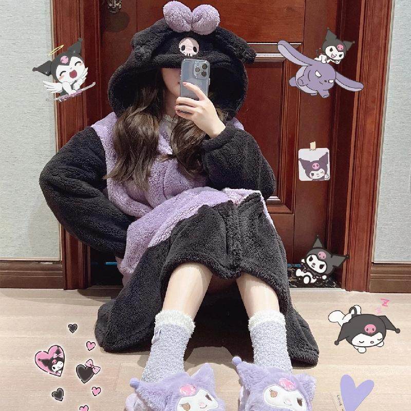 秋冬季加厚珊瑚绒库洛米卡通睡衣女可爱美乐蒂长款连帽睡袍家居服