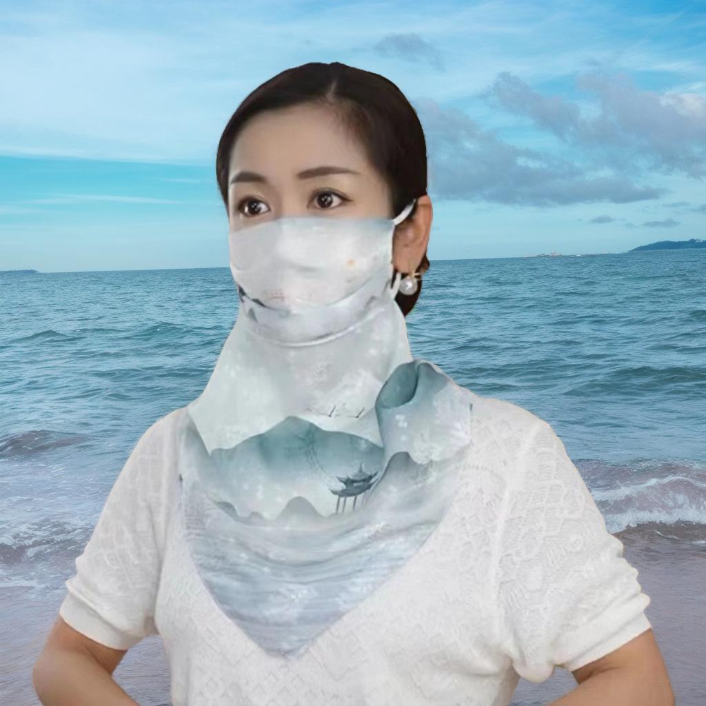 100%桑蚕丝口罩护颈防晒面纱女遮脸面罩真丝透气薄款夏季围巾一体