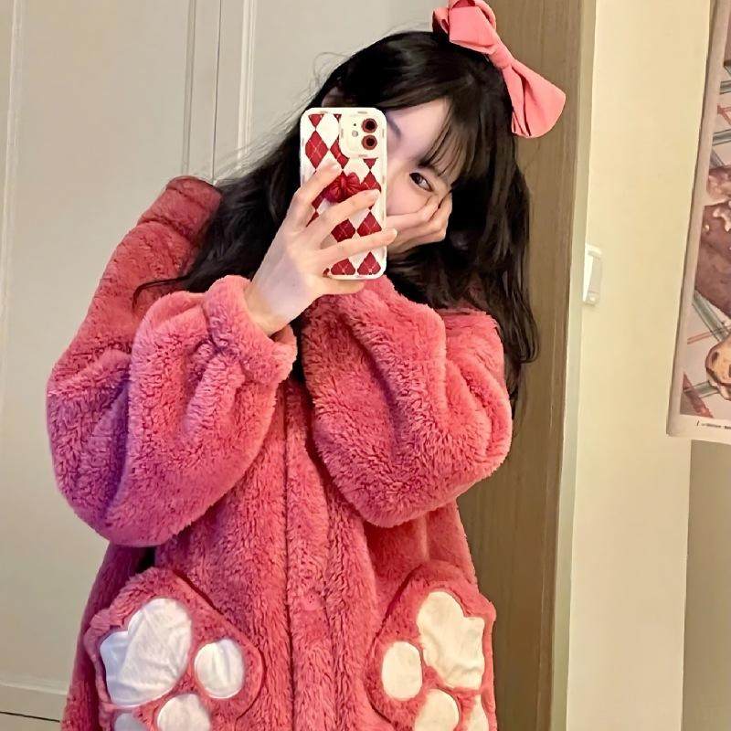 睡衣女秋冬软萌兔耳朵纯色连帽珊瑚绒睡衣加绒加厚睡袍居家服男