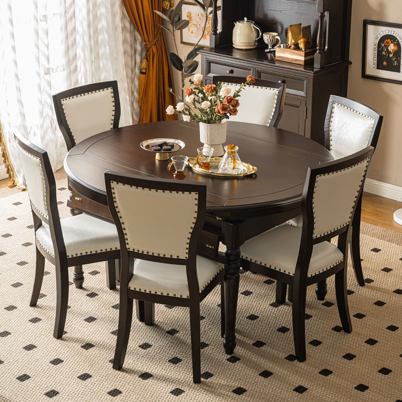 美式餐桌实木餐桌椅组合伸缩折叠圆桌长桌变圆桌复古2用餐桌