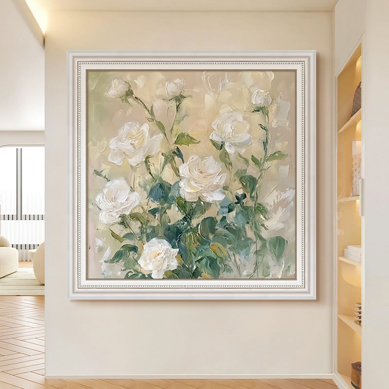 法式奶油风客厅装饰画玫瑰花卉肌理丙烯手绘油画大幅玄关餐厅挂画图片