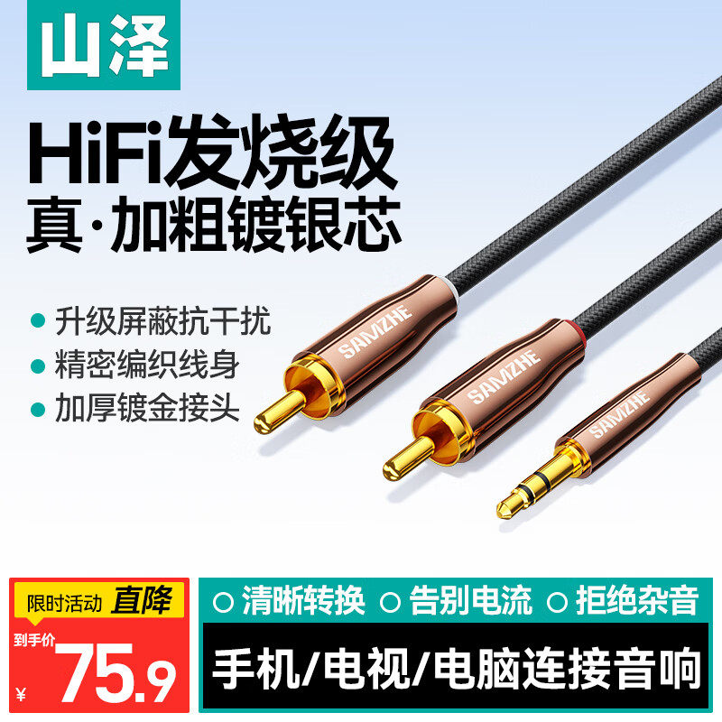 山泽 发烧级 3.5mm转双莲花头一分二音频线 2RCA连接线 手机电脑电视连接音响箱功放转换线 5米 AGY50