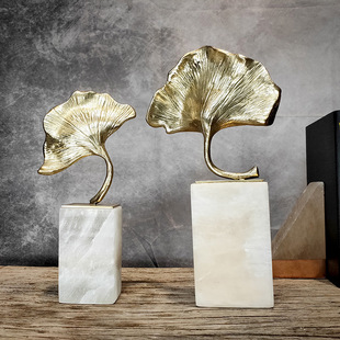 天然石膏晶石铜银杏叶现代简约家居饰品客厅桌面样板间轻奢摆件