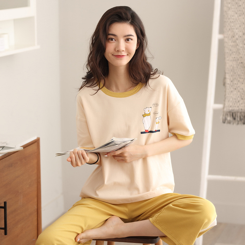 宫蝶女士睡衣夏季款纯棉春夏季短袖可外穿休闲运动家居服夏天韩版