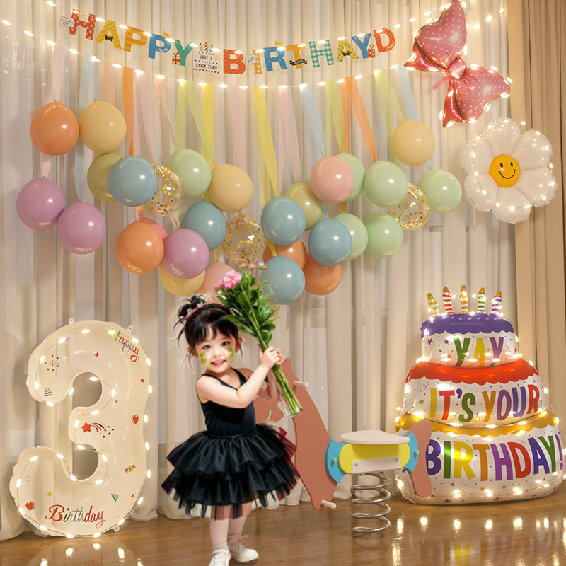 宝宝生日布置装饰场景男孩3岁女童数字气球2周岁二小孩子派对春游