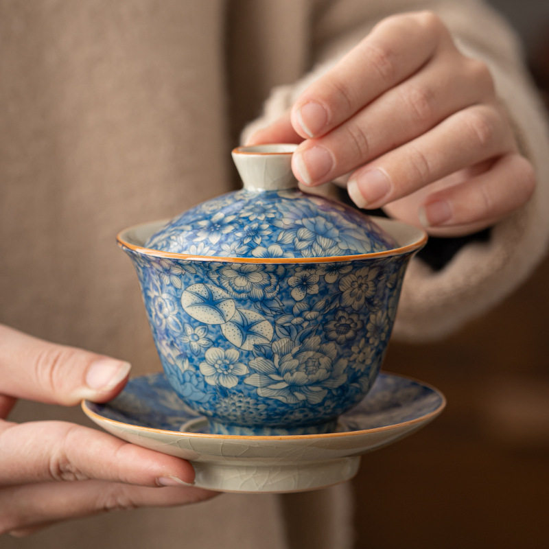 青花瓷盖碗茶杯单个开 片三才盖碗套装家用功夫茶碗带盖子不烫手