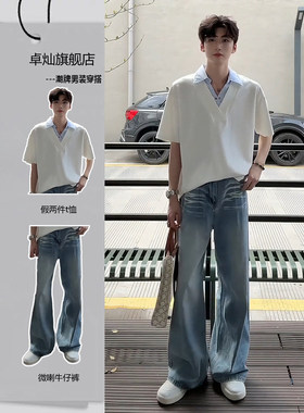 白色假两件polo衫短袖男夏季V领T恤牛仔裤套装痞帅男生穿搭两件套
