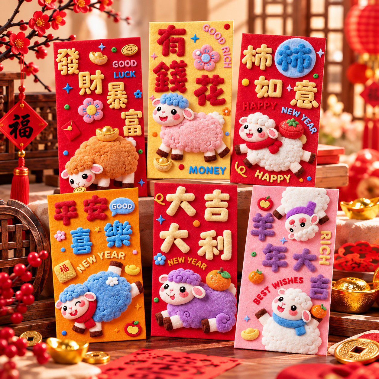 新年过年春节压岁2027羊年创意卡通可爱5D仿毛绒红包生肖利是封袋