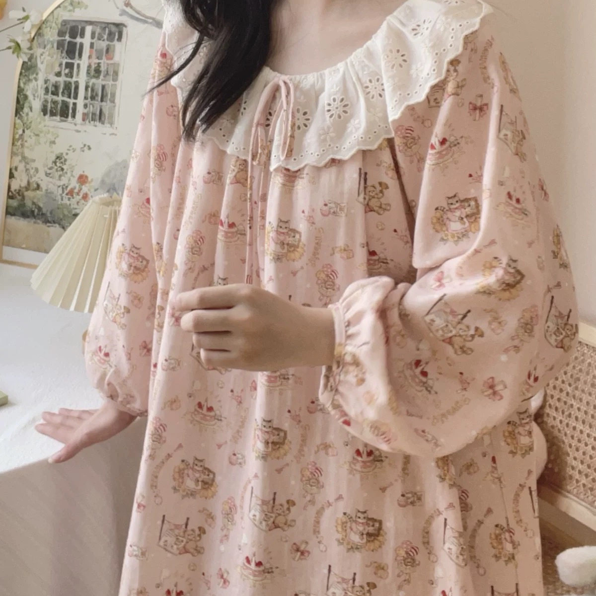 春秋新款带胸垫睡裙长袖中长款连衣裙子甜美韩版家居服睡衣加长款
