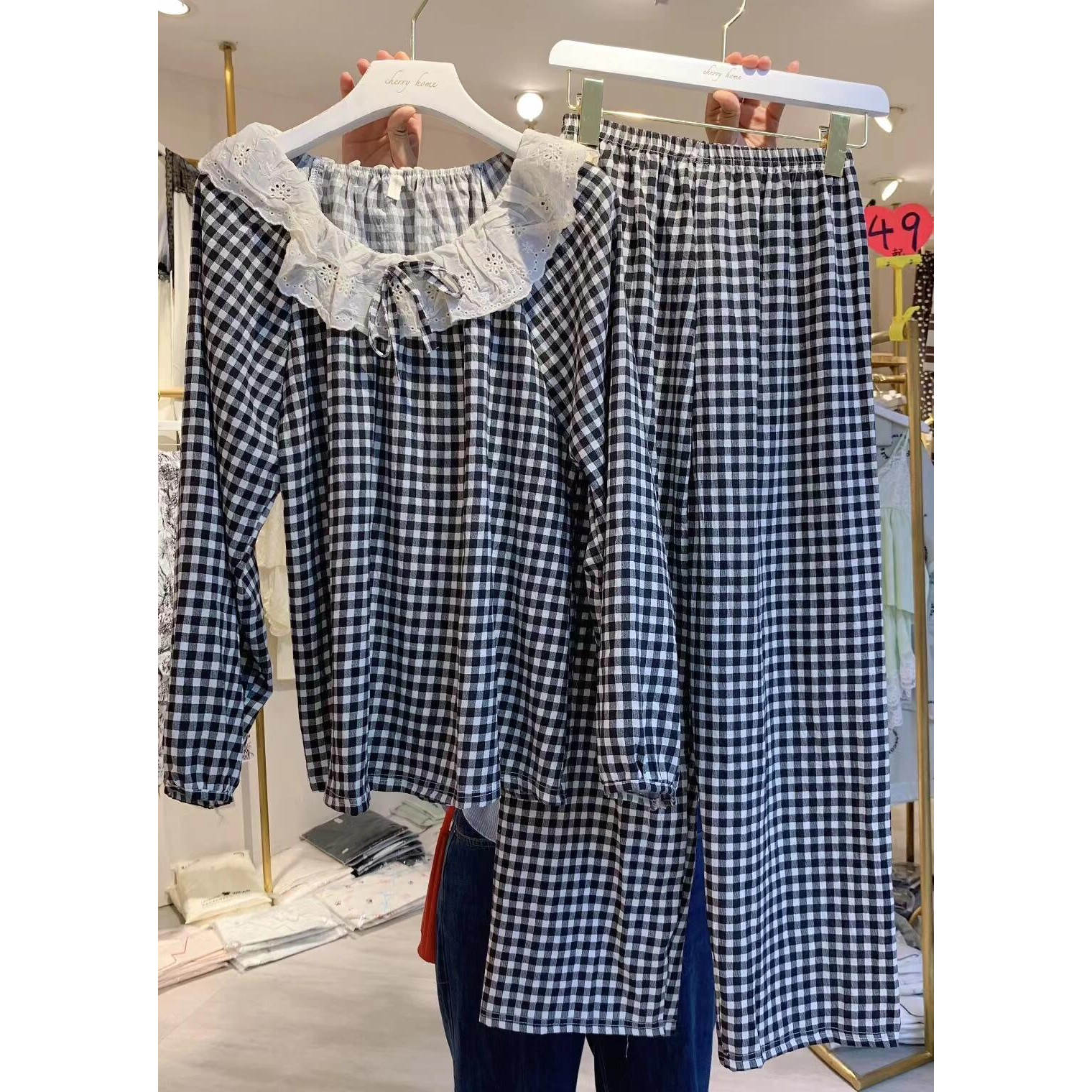 甜美格纹ins复古睡衣女春秋季新款韩版公主风蕾丝花边家居服套装