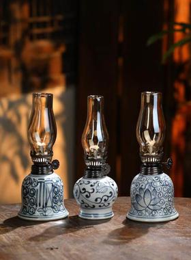 民窑微瑕青花瓷复古手绘酥小灯茶室氛围灯老式装饰摆件中式香氛灯