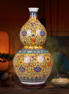 景德镇超大号黄色陶瓷葫芦摆件中古风客厅招财落地大花瓶玄关摆件