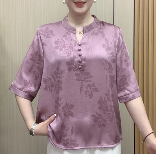 中老年大码女装时髦别致设计感碎花T恤女大款遮肚藏肉减龄上衣夏