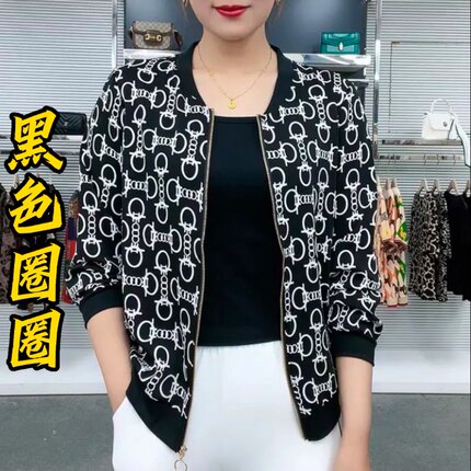 妈妈装雪纺印花时尚开衫长袖外套2022春季新款大码宽松百搭棒球服