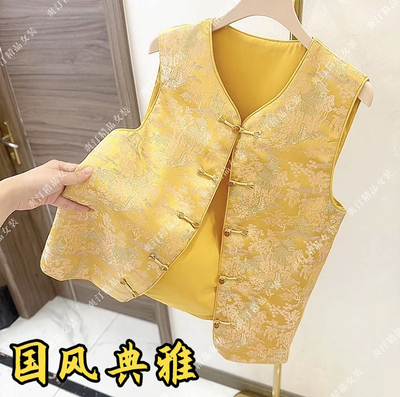 新中式国风盘扣刺绣马甲妈妈背心女春秋新款外穿坎肩唐装马夹上衣