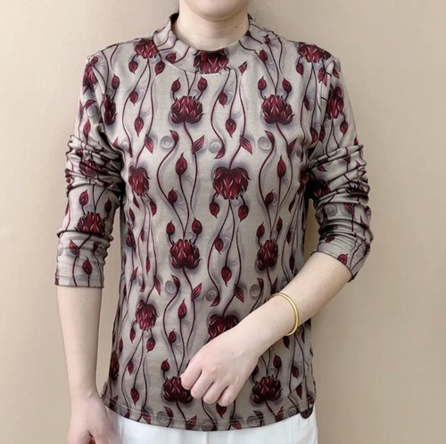 时尚洋气妈妈装2024秋新印花长袖T恤女士半高领一体绒弹力打底衫